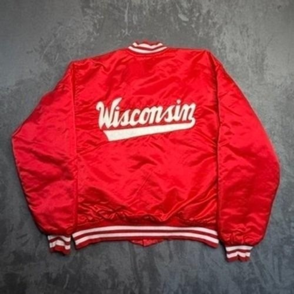 Vintage Wisconsin Varsity Bomber Jacket Mens XL Red Satin Quilted ILGWU USA